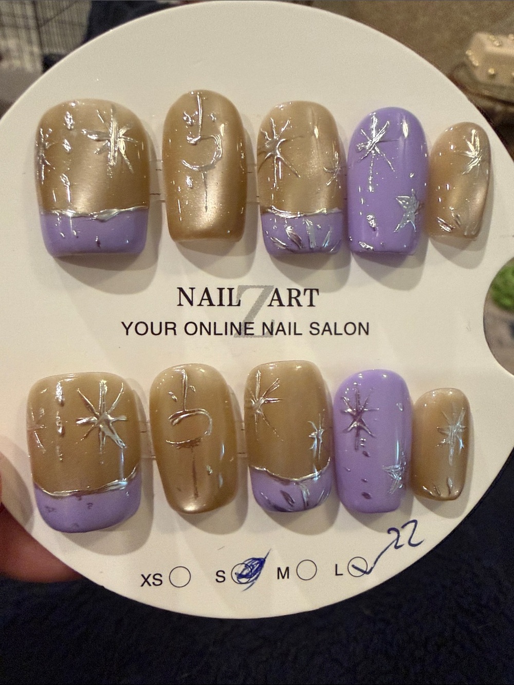 Gold Cateye & Lavender French tip w/ Star Accent handmade acrylic Press-On Nails